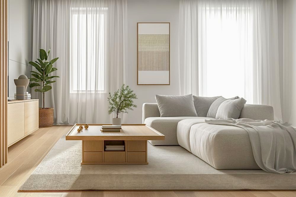 minimalist mobilya, ayna ve beyaz tonlarıyla dekore edilmiş ferah salon