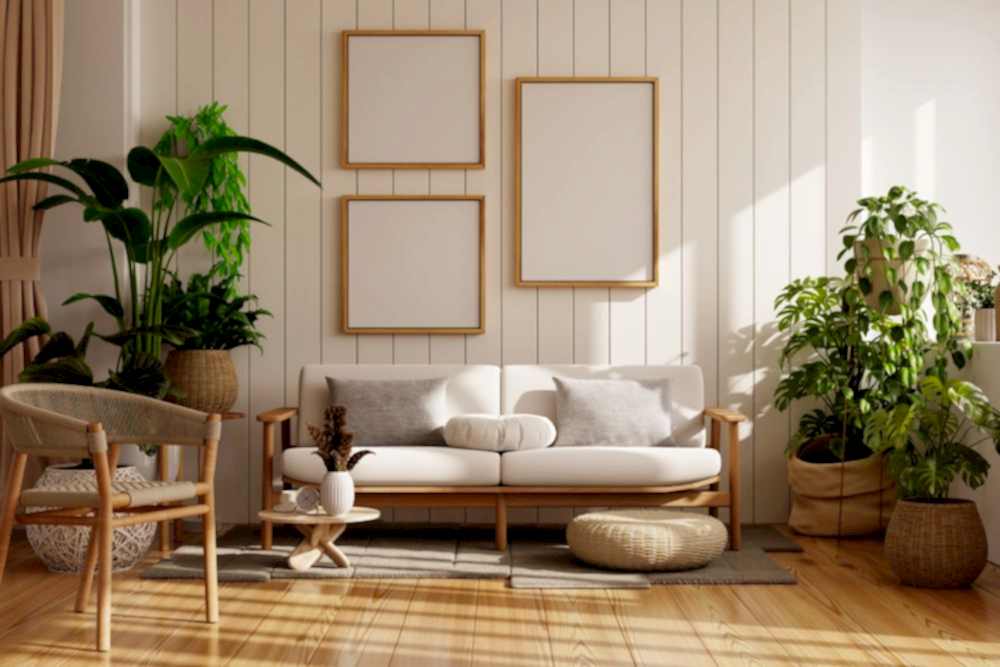 minimalist mobilya, saksıda yeşil bitkiler, ahşap ve beyaz tonlarıyla dekore edilmiş salon görseli