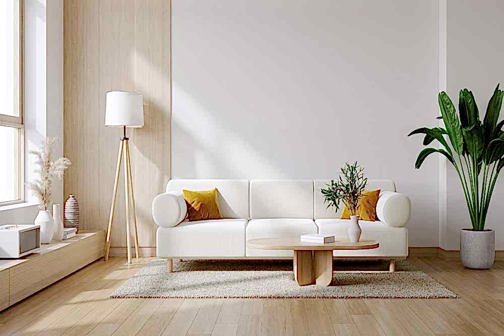 beyaz koltuk, sarı kırlent, lambader, büyük saksıda bitki, dekoratif aksesuarlar ve orta sehpa ile minimalist salon dekorasyonu fikirleri
